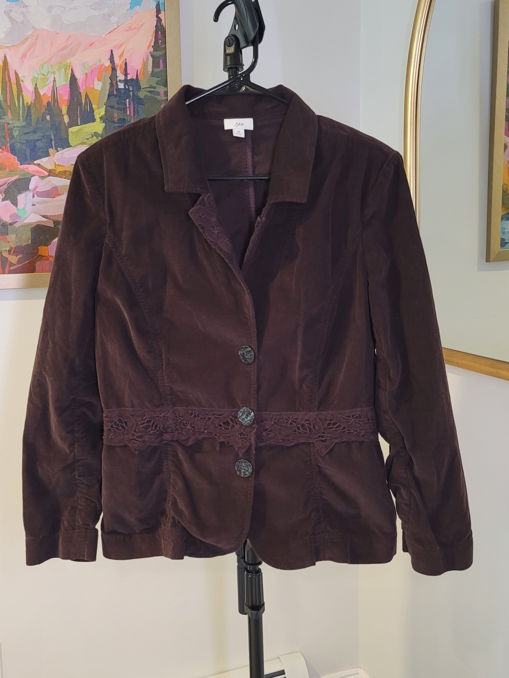J JILL Brown Corduroy Casual Jacket Lace Trim Women's Size M
